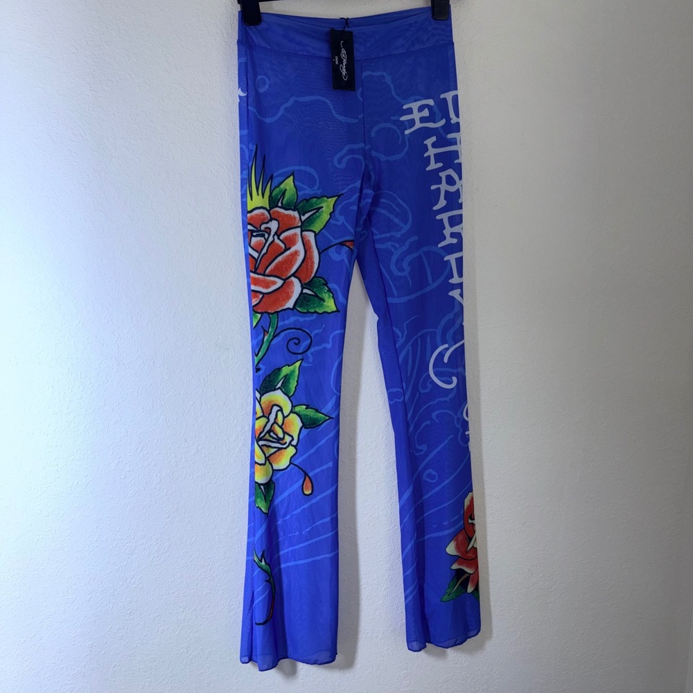 Ed Hardy Mesh Swim Cover Up Pants Blue small Tattoo Rose Graphic Flare Y2K mesh